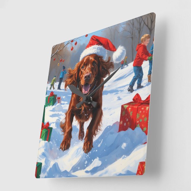 Irish Red Setter Running Snow with Christmas Hat Square Wall Clock (Angle)