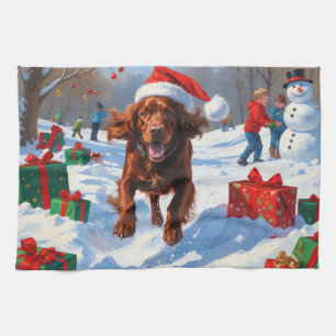 Irish Red Setter Running Snow with Christmas Hat Tea Towel