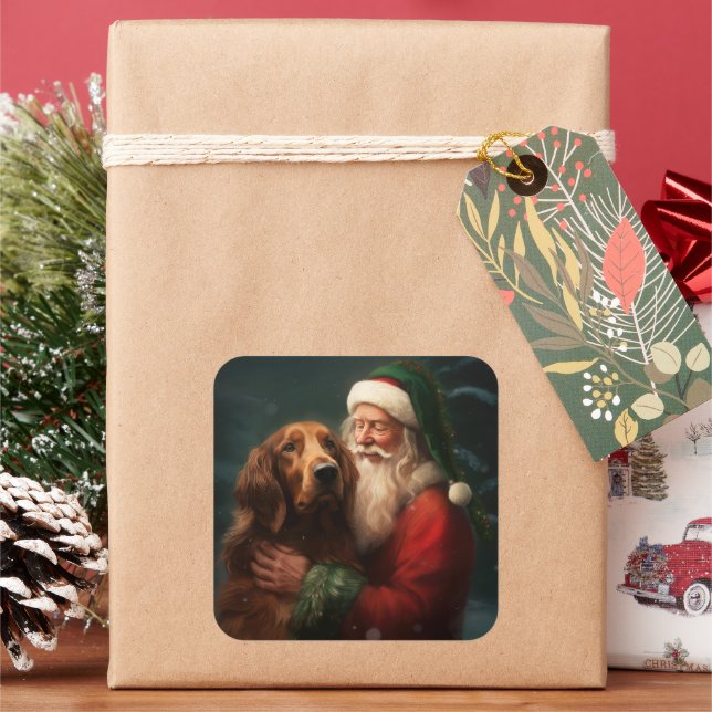 Irish Red Setter Santa Claus Festive Christmas Square Sticker (Holiday)