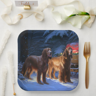 Irish Red Setter Snowy Sleigh Christmas Decor Paper Plate