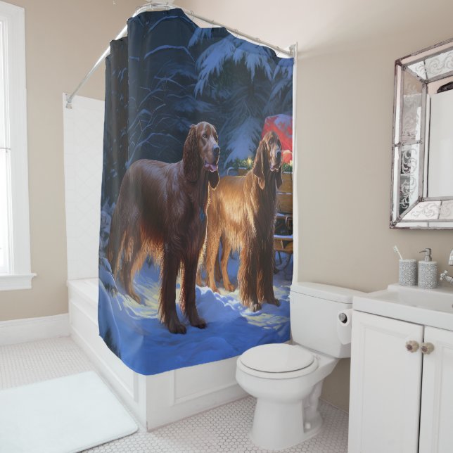 Irish Red Setter Snowy Sleigh Christmas Decor  Shower Curtain (In Situ)
