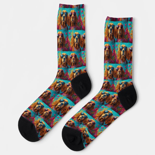 Irish Red Setter With Heart Roses Valentine's Day Socks (Left)