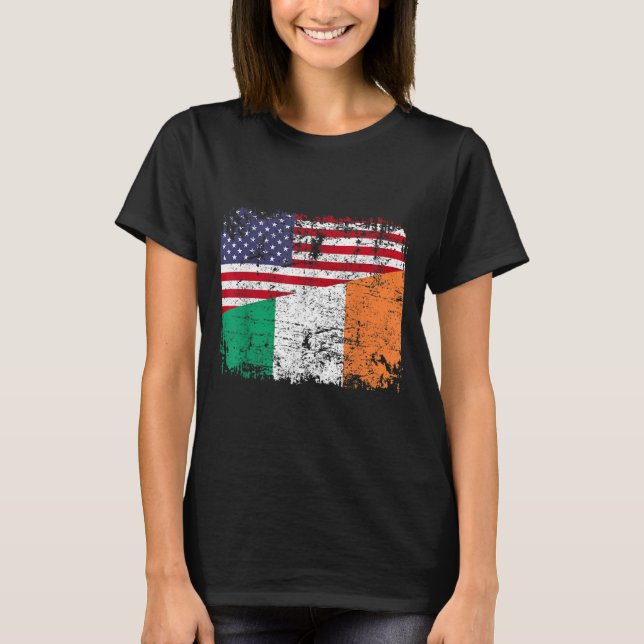 IRISH ROOTS Half American Flag IRELAND T-Shirt (Front)