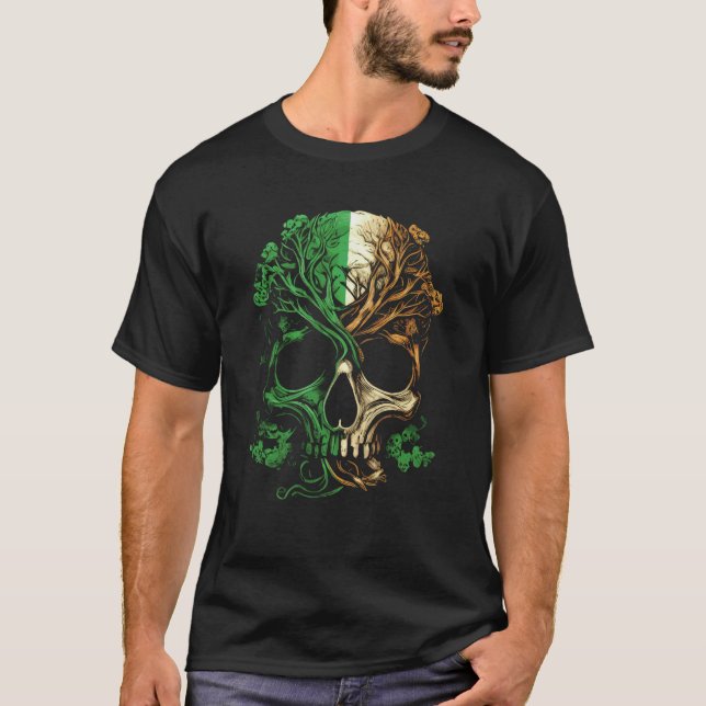 Irish Roots With Irish Flag Skull T-Shirt (Front)