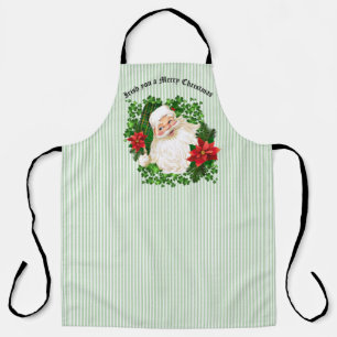 Irish Santa Claus Green Stripe Red Poinsettia Apron