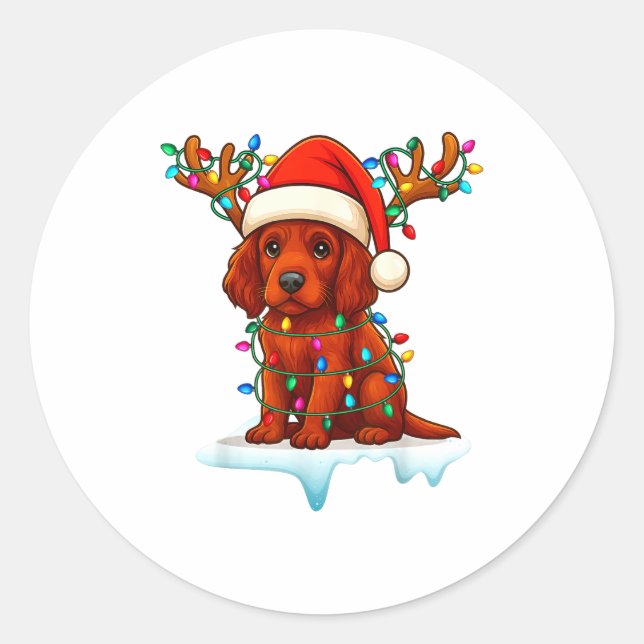 Irish Setter Christmas Santa Hat Reindeer Lights P Classic Round Sticker (Front)