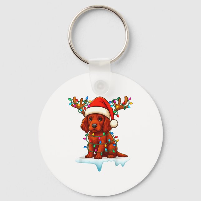 Irish Setter Christmas Santa Hat Reindeer Lights P Key Ring (Front)