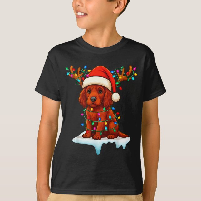 Irish Setter Christmas Santa Hat Reindeer Lights P T-Shirt (Front)