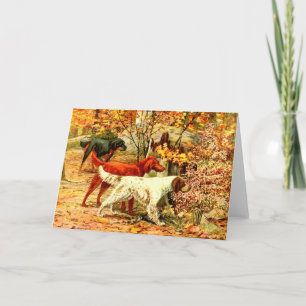 Irish setter dog in fall forest hunting vintage card