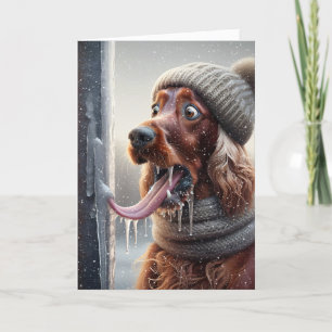 Irish Setter Dog Licking A Frozen Pole Holiday Card