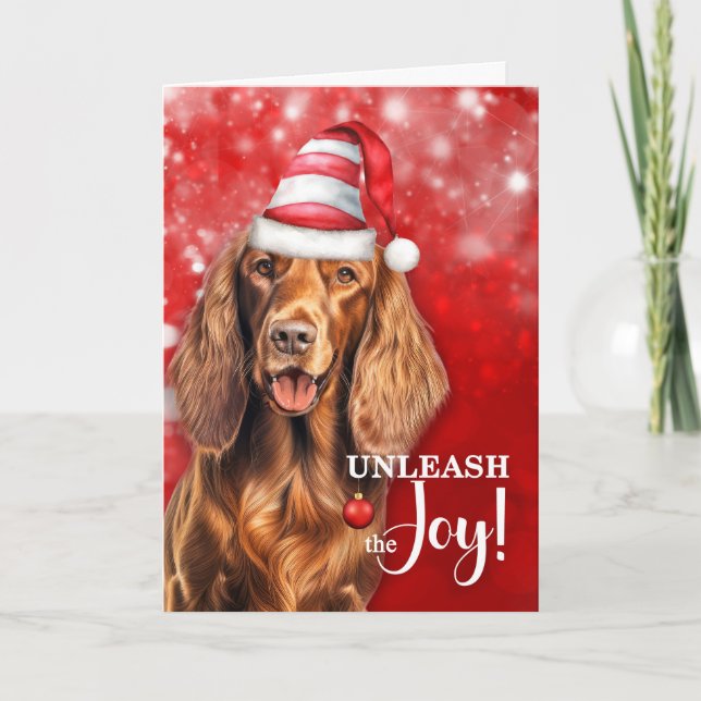 Irish Setter Dog Unleash the Joy Christmas Holiday Card (Front)