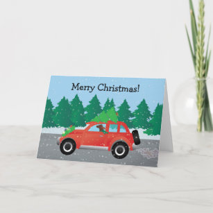 Irish Setter Driving a Car with a tree on top. Holiday Card