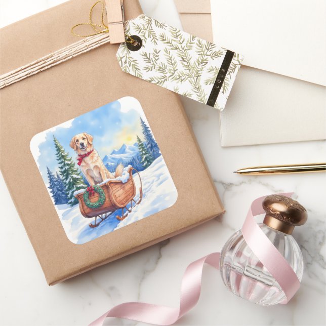 Irish Setter Enjoying Christmas Sleigh Ride Winter Square Sticker (Gifting)