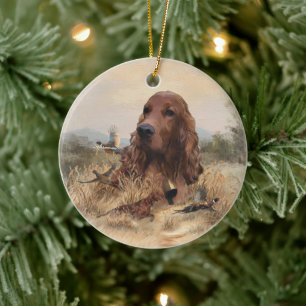 Irish Setter Hunting Pheasant ,Art Ceramic Tree Decoration