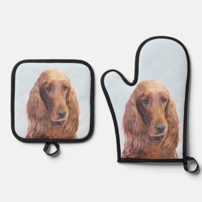 Irish Setter Painting Red Cute Original Dog Art Oven Mitt & Pot Holder Set (Front)