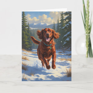 Irish Setter Running Through Snow Holiday Art Card