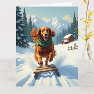 Irish Setter Sledding Adventure Christmas Painting Card