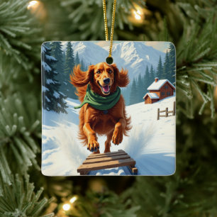 Irish Setter Sledding Adventure Christmas Painting Ceramic Ornament