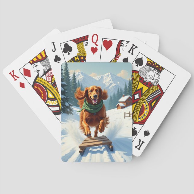 Irish Setter Sledding Adventure Christmas Painting Playing Cards (Back)