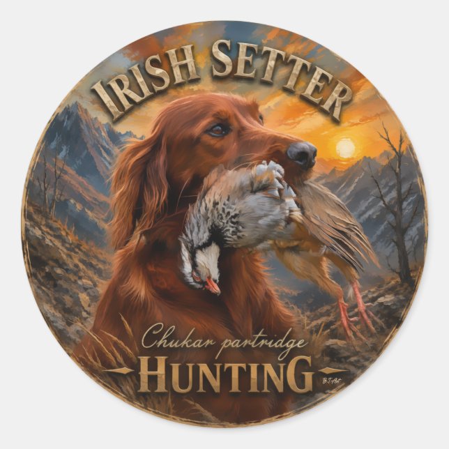 Irish Setter with Chukar Partridge ,Art  Classic Round Sticker (Front)
