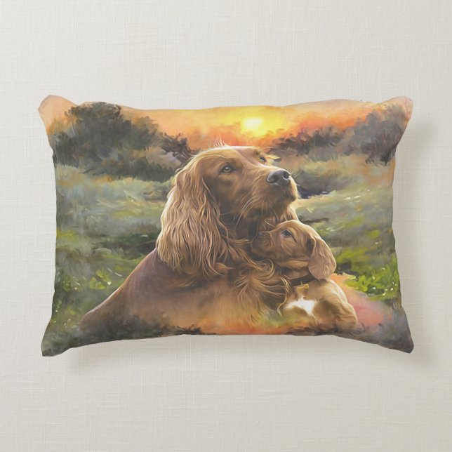Irish setter with puppy decorative cushion (Front)