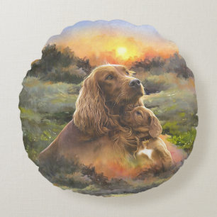 Irish setter with puppy round cushion
