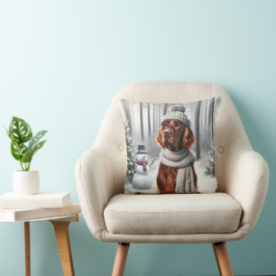 Irish Setter With Snowman Cushion