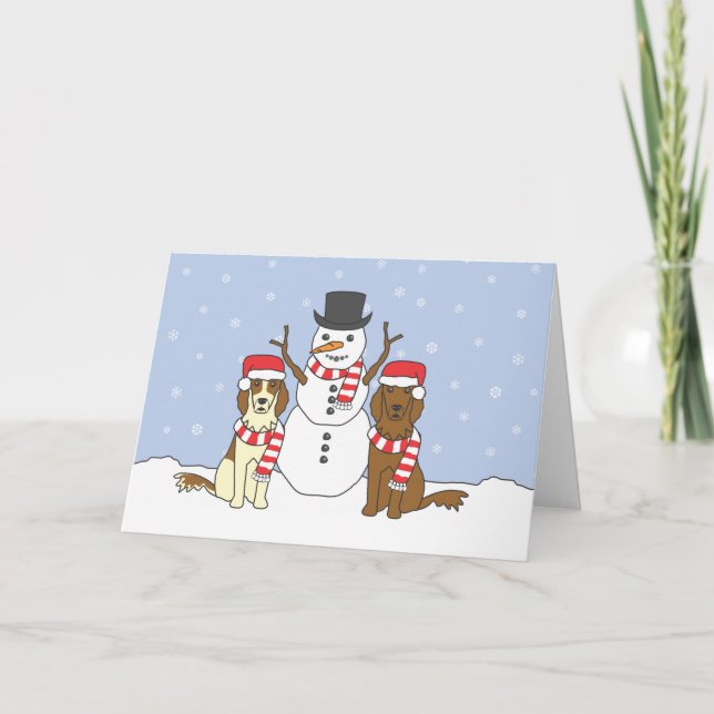 Irish Setters and Snowman Holiday Card (Front)