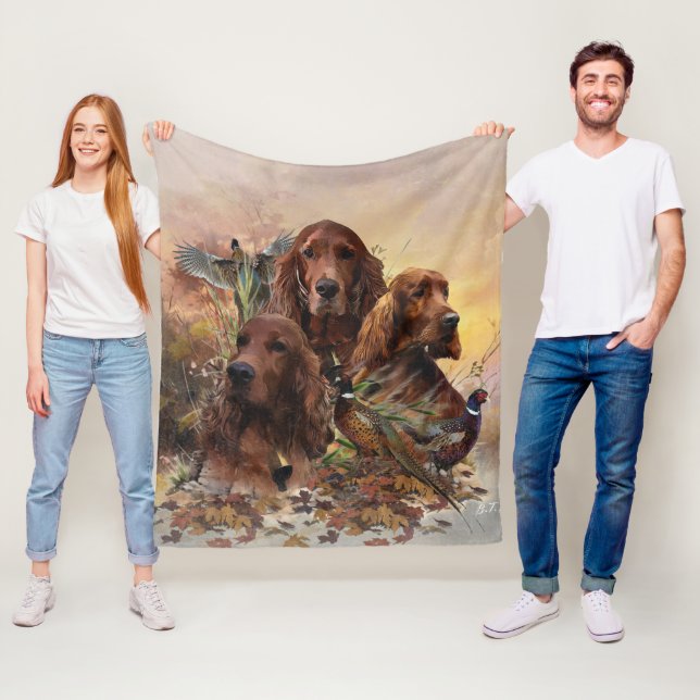  Irish Setters with Pheasants - Passion Hunt Fleece Blanket (In Situ)