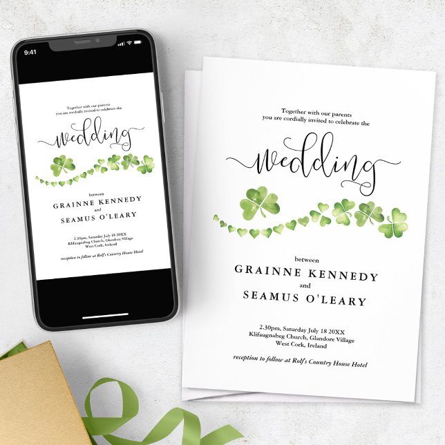 Irish Shamrock All In One Green Wedding Invitation (Creator Uploaded)