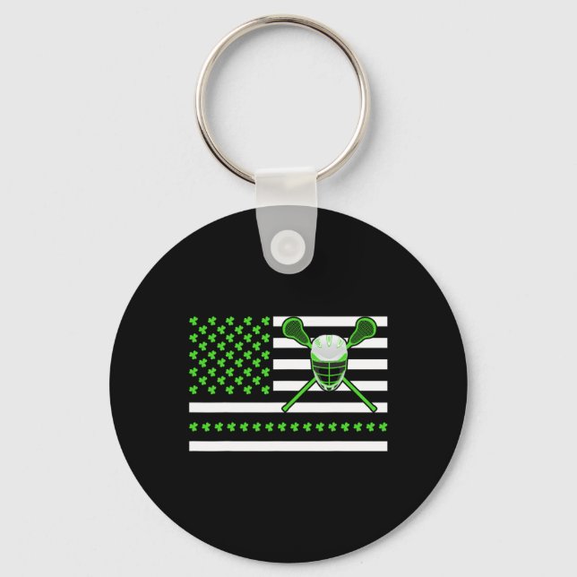 Irish Shamrock American Flag Lacrosse St. Patrick' Key Ring (Front)