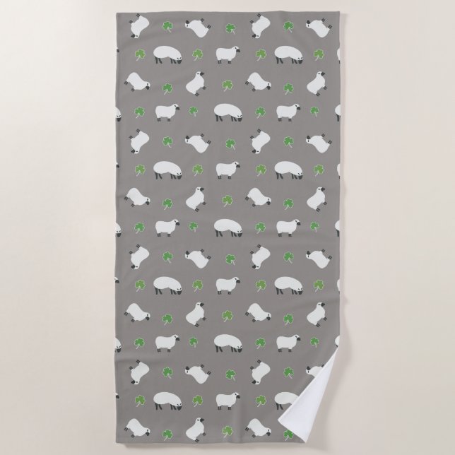 Irish Shamrock and Sheep Pattern Beach Towel (Front)