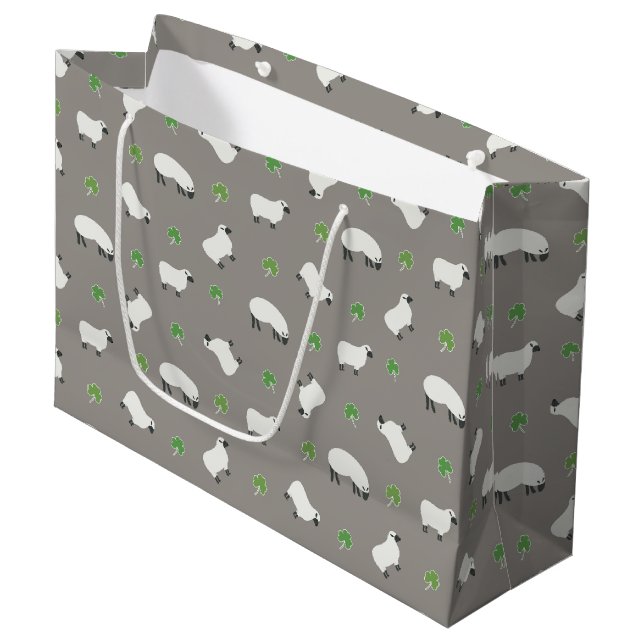Irish Shamrock and Sheep Pattern Large Gift Bag (Front Angled)