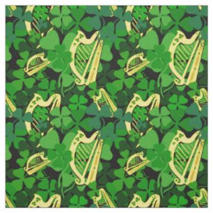 Irish shamrock, black, Irish harp fabric print 7m