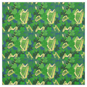 Irish shamrock, black, Irish harp print, blue 7s Fabric