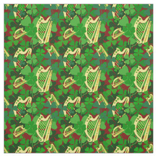 Irish shamrock, black, Irish harp print, red 7s Fabric