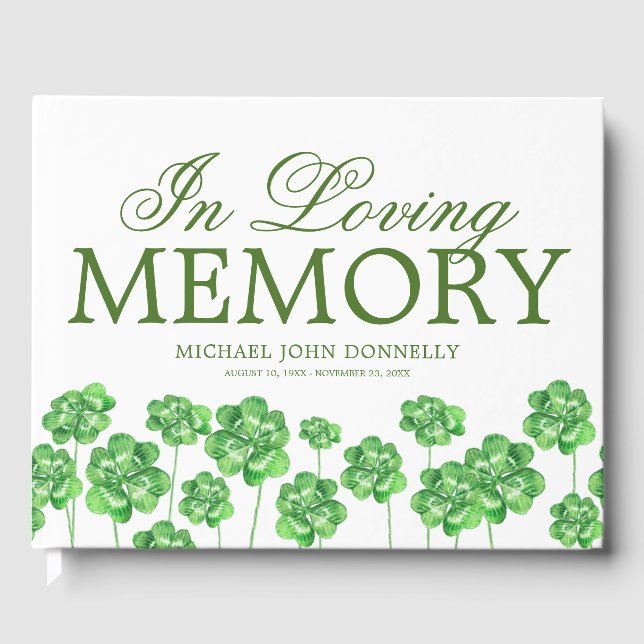 Irish Shamrock Clover Memorial Funeral Guest Book (Front)
