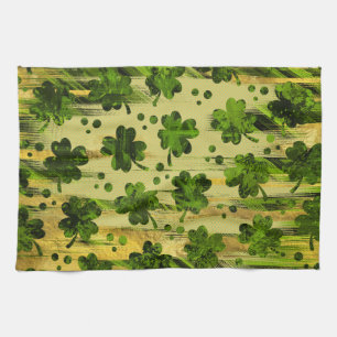 Irish Shamrock -Clover Painted Gold and Green Tea Towel