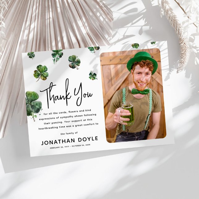 Irish Shamrock Clover Sympathy Photo Thank You Card (Creator Uploaded)