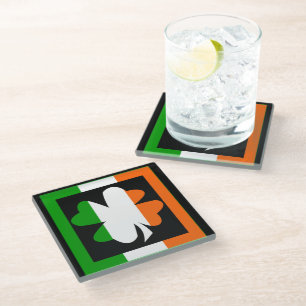 Irish Shamrock Flag Stripe Glass Coaster