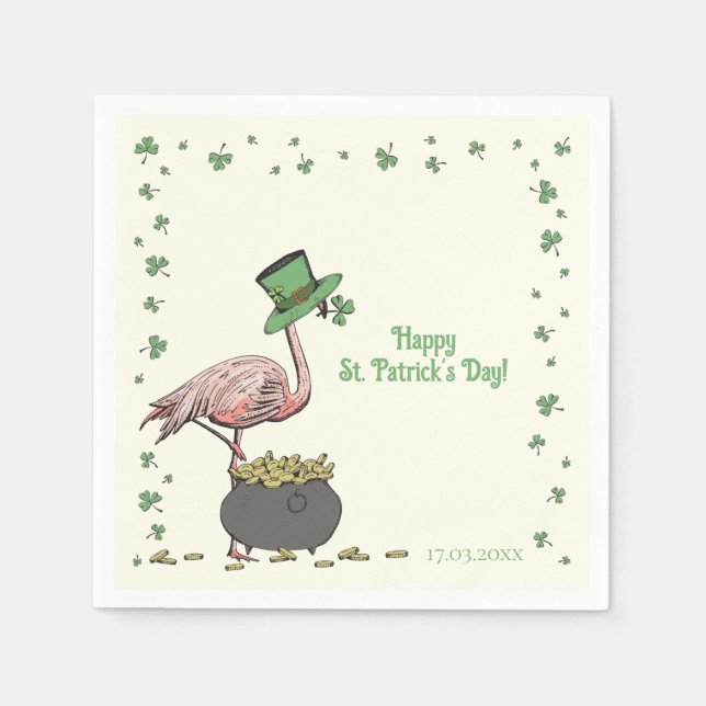 Irish Shamrock Flamingo St. Patrick’s Day Ivory Napkin (Front)