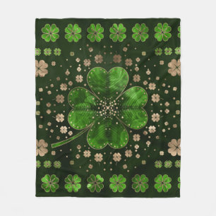 Irish Shamrock Four-leaf clover Malachite and gold Fleece Blanket