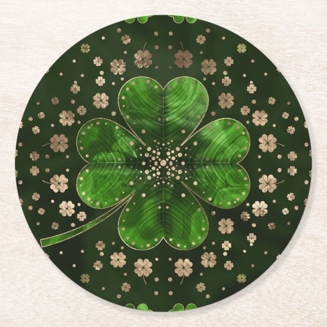 Irish Shamrock Four-leaf clover Malachite and gold Round Paper Coaster (Front)