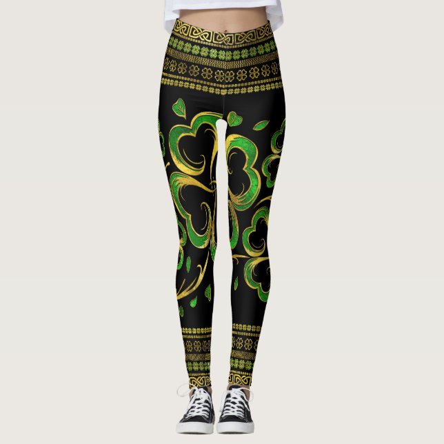 Irish Shamrock Four-leaf Lucky Clover Leggings (Front)