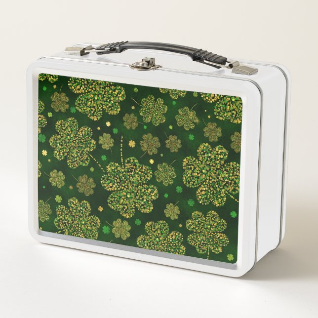Irish Shamrock Four-leaf Lucky Clover Pattern Metal Lunch Box (Front)