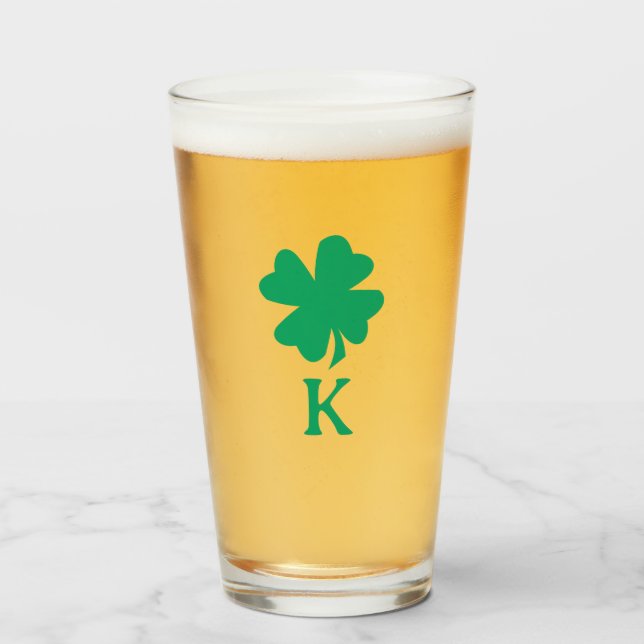 Irish Shamrock Leaf Green Clover Monogram Name Glass (Front Filled)