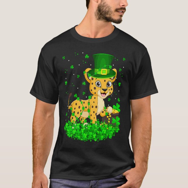 Irish Shamrock Leprechaun Cheetah St Patrick's Day T-Shirt (Front)