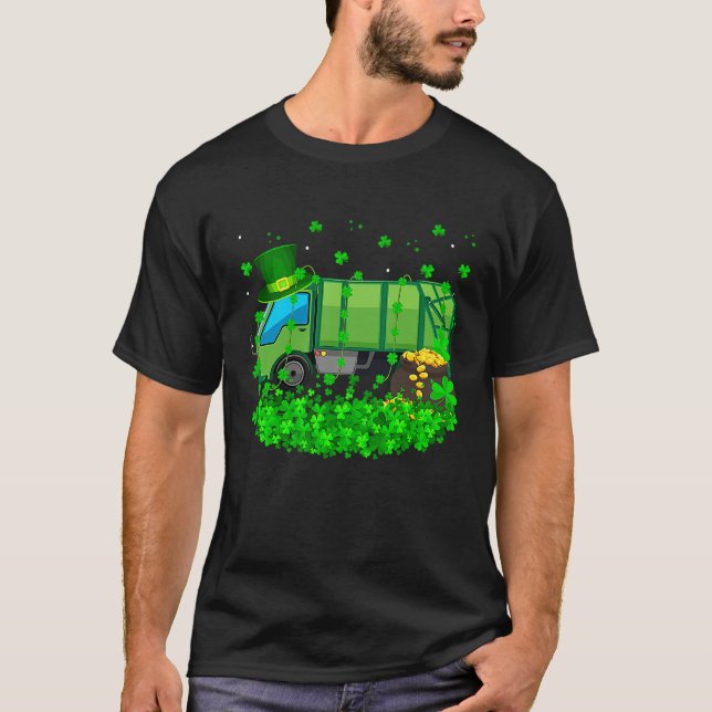Irish Shamrock Leprechaun Garbage Truck St Patrick T-Shirt (Front)