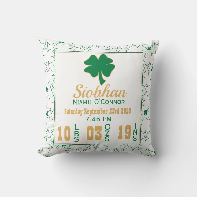 Irish Shamrock New Baby Birth Stats Cushion (Front)