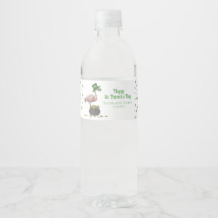 Irish Shamrock Pink Flamingo St Patricks Day Water Bottle Label